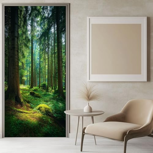 3D Türaufkleber Fotografie Natürlicher Wald 90x200 cm Grün Türtapete Wandbild Selbstklebend PVC Wasserdicht Abnehmbar Türfolie TürPoster Fototapete für Wohnzimmer Schlafzimmer