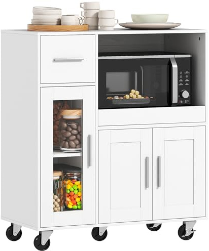 HOMCOM Küchenschrank auf Rädern Sideboard mit Ausziehbarem Tablett Weiß