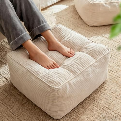 Uthem Square Pouf Ottoman, Boho Stuffed Poufs Ottoman with Memory Foam Filled 21.6 x 15.7 inches Modern Corduroy Foot Rest Stool for Living Room, Beige