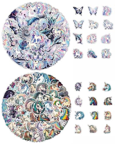 QLEUIFT 100 Stück Nette Einhorn wasserdichte Vinyl Aufkleber, Sticker Einhorn,Cartoon Aufkleber, Anime Sticker für Wasserflasche Laptop Skateboard Gepäcktasche（Dunkle Ausgabe）