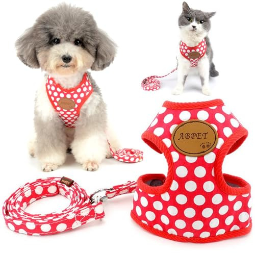 Zunea Hundegeschirr mit Leine Set für Kleine Hunde & Katzen Rot S | Ausbruchsicheres, Verstellbares, Atmungsaktivem Mesh Gefüttert, Süß Punkte-Muster, Gassi, Training, Welpe, Chihuahua, Yorkie