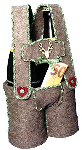Petra's Bastel-News Nähset Bierflaschlhalter Lederhose inkl. Filzteile (braunmeliert), Holzhirsch, Karoband (grünkariert) und Stopfnadel, Fliz, Braun, 25 x 18 x 5 cm