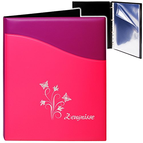 alles-meine.de GmbH A4 - Ringbuch/Zeugnisringbuch - Zeugnisse Schmetterlinge & Blumen - 3D Kunst-Leder Effekt - lila/pink - rosa - Erweiterbar für Einsteckseiten + ..