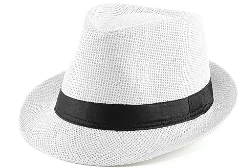 Faletony Unisex Fedora Hat Trilby Straw Hats Summer Panama Beach Sun Cap,White