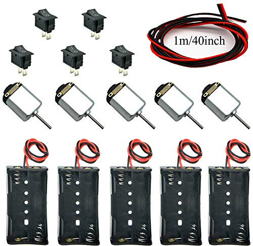 DC Motor, Her Kindness 5 Sets of DC Motor Kits Mini Model Electric Motors 1.5-6V 24000RPM Min ± 5% 5 Mini Boat Switches 5 AA Battery Holders Red and Black Two-tone 0.5 Square Cable (40 inch)