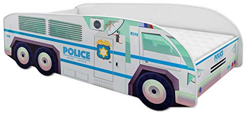 ACMA Kinderbett LKW Truck 160x80 cm Autobett Juniorbett für Kinder mit Matratze und Lattenrost, Spielbett mit Rausfallschutz, Kinderzimmer Bettmöbel, Design 01 Polizei