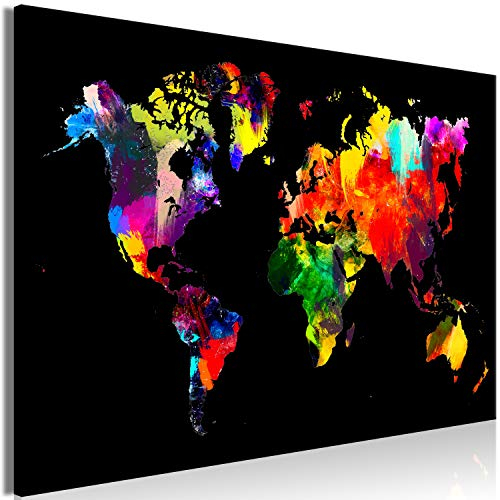 B&D XXL - Wandbilder XXL Weltkarte 90x60 cm 1 tlg - Wand Deko Vlies Leinwand Bilder Groß Wanddeko Wohnzimmer Schlafzimmer Kunstdrucke - Kontinente Karte Abstrakt bunt schwarz k-C-0114-b-a