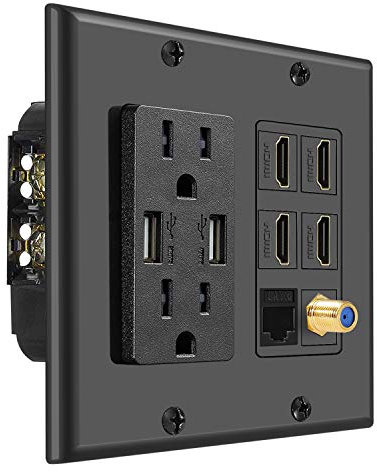 TNP Multimedia Outlet Box (nero) - Presa HDMI a muro con ricarica USB, caricatore USB a parete e presa di corrente 15A, 4 porte HDMI, 1 porta Ethernet Cat6 RJ45, presa cavo coassiale, jack Keystone