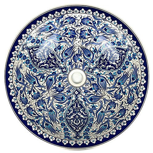Cerames lavabo en céramique Iznik de Kuthaya Erem - lavabo a la turque à encastrer pour salle de bain, toilettes, WC invités, restaurant et hôtel | Vasque à poser turc à poser rond 48 x 13 cm