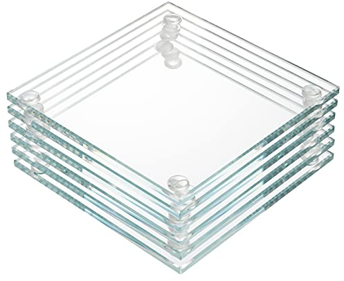 YOUEON Set of 6 Glass Drink Coaster Set, 9 cm Crystal Clear Square Tabletop Protection Mat, Decorative Glass Plates for Mugs, Cups, Dining Tables, Office, Kitchen, Home Decor and Parties