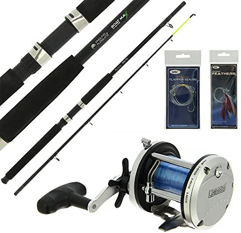 NGT Sea Boat Fishing 6ft 25lb Rod & Reel Combo Multiplier Spooled Line Rig & Feather