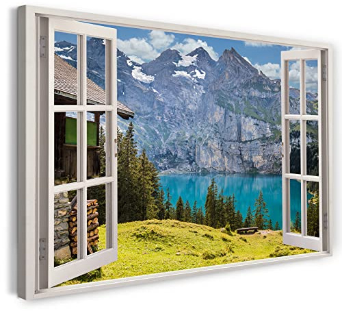 Printistico Bilder Fensterblick 100x70cm Baumwoll-Leinwand auf Keilrahmen mit Aufhänger moderner Kunstdruck XXL Wandbilder Wand-Dekoration Berg Hütte See Aussicht Landschaft Natur - Natur-Fotografie
