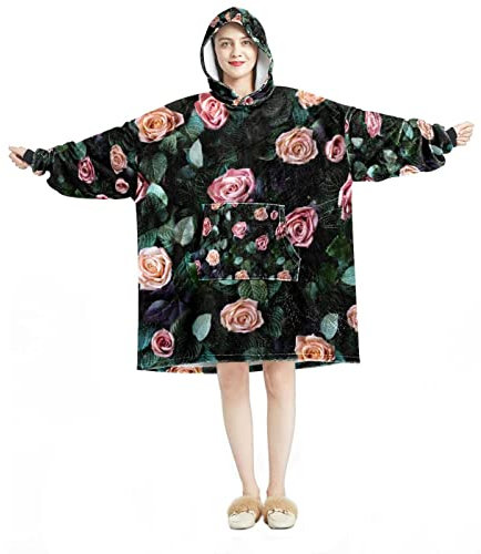 Tragbarer Kapuzenpullover, übergroße Kapuzendecke, Sweatshirt, rosa Rosen mit Blättermuster, Mehrfarbig, Einheitsgröße