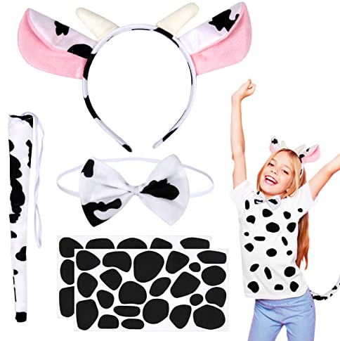 SUNYOK 4 Stück Kuh Kostüm Set Kinder Milchkuh Kostüm Kuhohren Stirnband mit Schleife Schwanz Selbstklebendee Aufkleber Kind Tierkostüm Cosplay Kostüm für Karneval Fasching Kostümparty