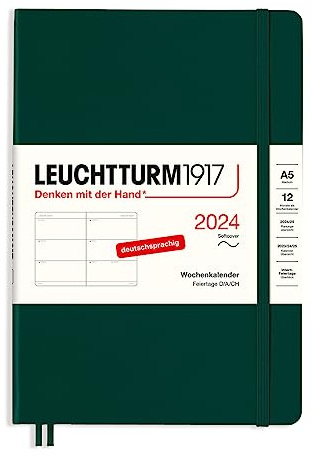 LEUCHTTURM1917 367651 Wochenkalender Medium (A5) 2024, Softcover, Forest Green, Deutsch, 12 Monate