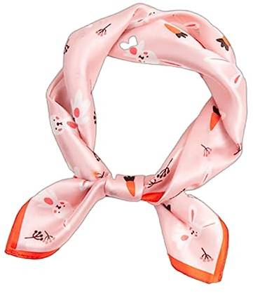 GIMIRO Schal aus imitierter Seide [53 x 53cm] Niedliches Seidenschal mit Hasen-Muster Pink-Orange Quadratisches Design mit Kontrastrand (Pink-Carrots and Rabbits)