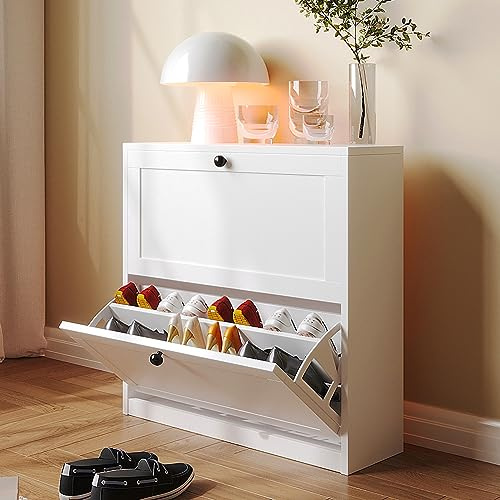 VOWNER Skoskåp med 2 hopfällbara fack, skohylla, smal skohylla, med 2 fack, skoskåp, vit, justerbar, anti-tippningsanordning för entré, hall, 80 x 24 x 80 cm