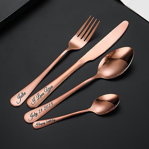 Custom Engraved Cutlery,Customized Tableware Set with Gift Box, Personalized Lettering Name Fork/Knife/Spoon Stainless Steel Cutlery, Customized Gifts for Mama Nana Papa (Rose Gold)