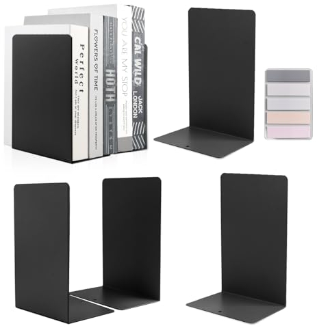 SWAWIS 6 Stück Bücherstütze Buchstützen Bücherhalter Metall 20,5 x 9,5 x 13,5 cm Buchhalter Regal mit Rutschfester Matte Buchstütze Hochwertiges Bücherstützen, Schwarz