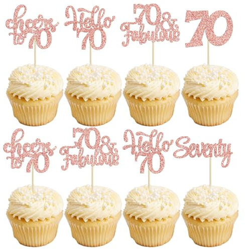 30Pcs Happy 70th Birthday Cupcake Toppers Seventy Cheers to 70 Years Old Birthday Cupcake Picks for 70th Birthday Anniversary Party Cake Decorations Supplies Rose Gold Glitter