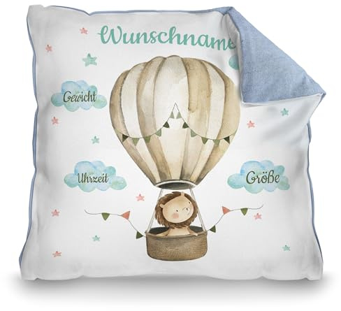 Print Royal PR Personalisiertes Kissen zur Geburt - Löwe im Heißluftballon - Geschenk zur Geburt mit Name und Geburtsdaten Personalisieren | 40 x 40 cm, Rückseite Pastellblau