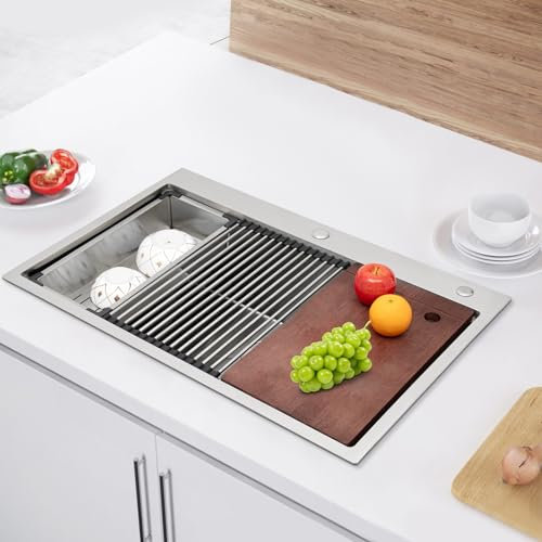 Spülbecken 304 Edelstahl Drop-in-Spüle Küchenspüle Schwarz Spültisch mit Schneidebrett, Sieb und Aufrollbarer Abtropfständer, für Wohnungen, Restaurants, Cafés, Hotels, Garagen, 83,82 x 55,88 cm