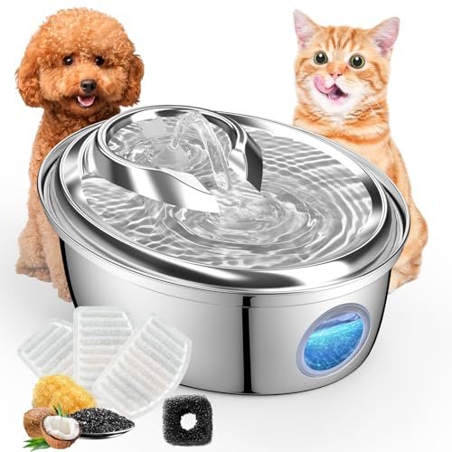 ORSDA Stainless Steel Cat Water Fountain, Automatic Pet Water Fountain, 100oz/3L Drinking Fountain Dog Water Dispenser with Water Level Window- 4Pcs Filters (D66)