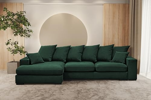 Kaiser Möbel - Ecksofa mit Schlaffunktion und Bettkasten, Wohnlandschaft L-Form, Schlafsofa, Klappsofa, Bequemes Couch mit Ottomane für Wohnzimmer, Relaxsofa, Riviera Stoff, Gabon, Grün, Links