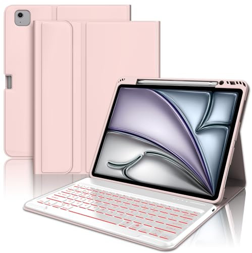 WAVATA Funda Teclado para iPad Air 13'' M3 2025/ M2 2024, Español Ñ Teclado Bluetooth Desmontable Retroiluminado para iPad Air 13''- Rosa