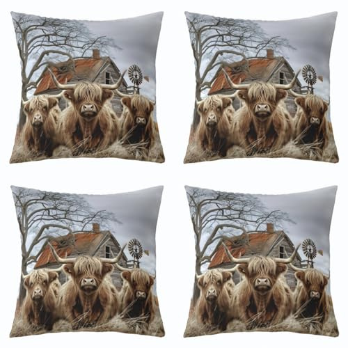 Highland Cattle Pack of 4 Pillow Covers 20x20 Inch,Funny Cute Cow Throw Pillow Covers for Kids Teens,House Windmill Tree Cushion Covers,Farmhouse Animal Decorative Square Pillow Cases Reversible