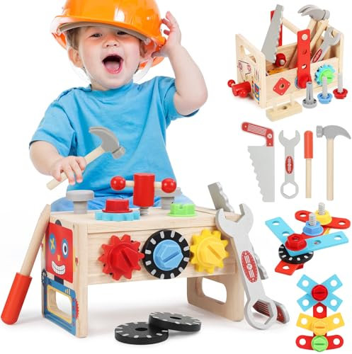 Lovchil Werkzeugkoffer Kinder Werkbank Kinderspielzeug ab 2 Jahre, 37 Stück Kinderwerkzeug Montessori Holzspielzeug Pädagogisches Rollenspiel Geschenk Junge Mädchen 2 3 4 Jahre
