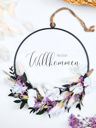 WIDEGO herzlich Willkommen Schild Trockenblumenkranz | 20cm, 25cm & 30cm | Türkranz ganzjährig | Willkommen Schild | Türschild | Türkranz Frühling | Haustürdeko | Trockenblumen Kranz