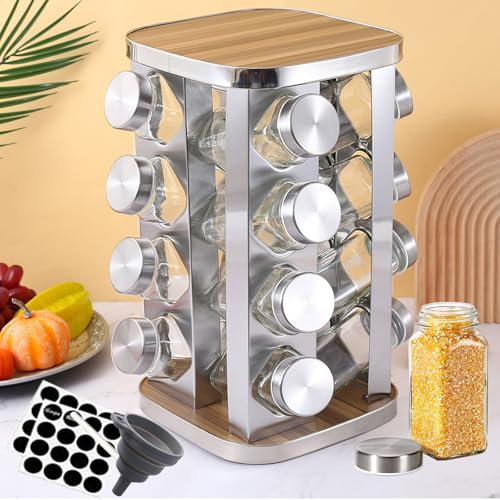 Star Kitchen | 430Stainless Steel Spice Organiser - 16 Jars Rotatable Carousel Spice Turntable for Kitchen Worktop