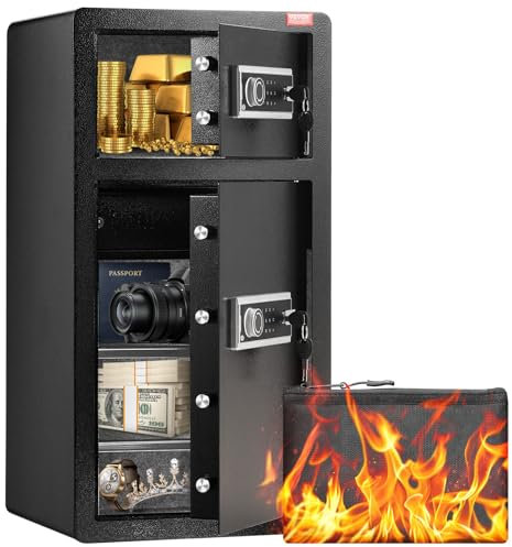 VEVOR Tresor mit feuerfester Geldtasche, Doppeltür-Safe 5,5 Kubikfuß, 2 höhenverstellbare Trennwände, digitaler Möbeltresor mit Schlüssel und Code, für Geld, Schmuck und Wertsachen, Schwarz