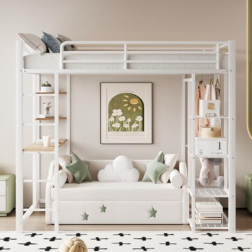 Moimhear Cama alta con escalera de 90 x 200 cm, cama individual con mesa con fácil suspensión con estantes, color blanco