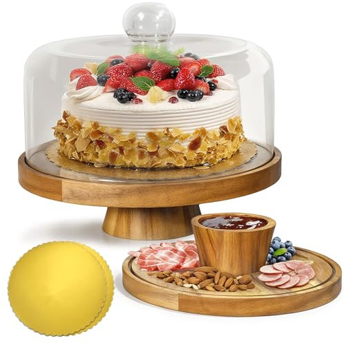 Krbnk Acacia Wood Cake Stand with Lid, 12 Glass Cake Stand with Dome, Cake Holder for Cakes, Cupcakes & Valentine Baking Supplies, 2-in-1 Dessert Table Display & Charcuterie Board for Wedding Party