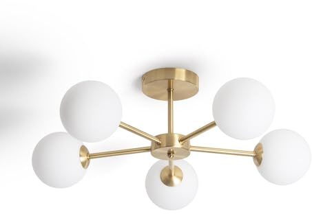 LEDKIA Lámpara de Techo Metal y Cristal Moonlight Brass 5 Focos Dorado | 5 Focos de Metal y Cristal | Decoración para Salón; Habitación | Potencia 10W | IP20 | 210 mm x 600 mm