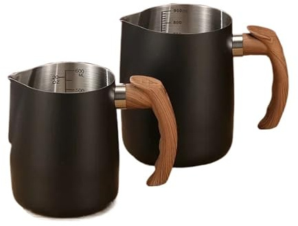 Jarra De Leche Jarra for espumar leche con escala precisa, mango de madera, taza de café Latte de acero inoxidable, 2 uds. Jarra Leche Barista(Black,900ML)
