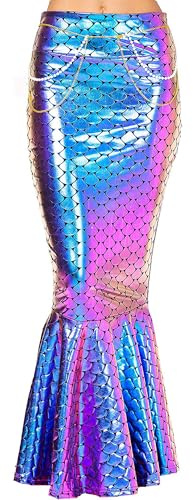 Fiacafyo Meerjungfrauenkostüm-Rock für Damen, Halloween, Cosplay, Pailletten, langer Schwanz, Prinzessinnen-Netz-Rüschen, Maxi-Partyrock (A-bunt, M)
