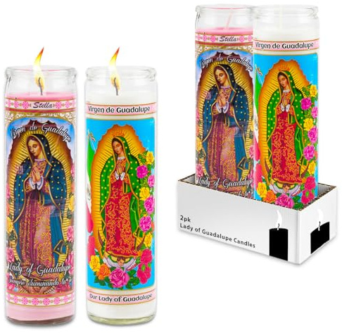 Our Lady of Guadalupe Devotional Candle 2 Pack - Bundle with 2 Lady of Guadalupe Glass Prayer Candles for Vigils, Prayers, Blessing, Religious Ceremonies | Pink and White Unscented Religious Candles