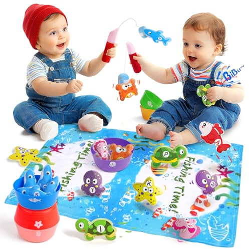 Angelspiel Montessori Spielzeug ab 1,2 Jahren – Kinderspielzeug zum Zählen lernen, Farben sortieren, Formen erkennen, Baby-Motorikspielzeug | Stoff Fische Angelspiel,Geschenk für Kleinkinder ab 1 Jahr