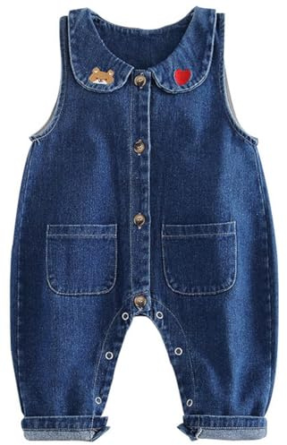 AOOPOO Salopette Bimba da Lavoro Neonate Tuta in Jeans alla Moda con Ricamato Amore, Bambina Tuta Salopette in Denim Tutina Carino Neonata Pantaloni Jeans per Bebè 0-4 Anni