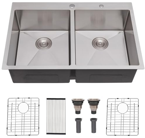 SHACO 33x22 Inch 50/50 Double Bowl Drop In Kitchen Sink 16 Gauge 33 Inch Stainless Steel Kitchen Sink Top Mount with Grid and Accessories