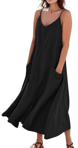 Sommerkleid Damen Lang A Linie Elegant Trägerkleid Locker Boho Kleid Mit Taschen Strandkleid Baumwolle Leinen Sommerkleider Leicht Und Luftig Spaghettiträger Maxi Kleider Frauen V Ausschnitt