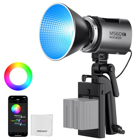 NEEWER MS60C RGBWW LED Video Light 2.4G/APP Control, 65W Mini RGB COB Continuous Output Lighting, 2700K-6500K 8300lux/1m CRI97+ 17 Effects, Bowens Handheld Spotlight for Studio Photography Recording