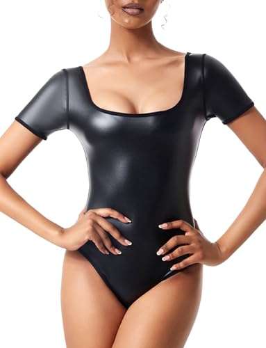 FEOYA Svart bodysuit dam PU-läder triangulär body kostymer fyrkantig urringning korta ärmar leotard sexig stretch lekdräkt kattdräkt gå-ut toppar klubbkläder festival rave shapewear B2 L
