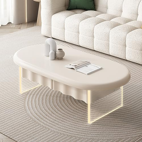 Guyii LED Coffee Table, Oval Coffee Table with Acrylic Side Panel, Modern Center Table with 2 Drawers Storage, Creamy White Tea Table for Living Room