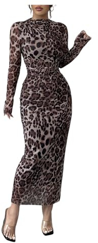 GORGLITTER Leopard Print Dresses for Women Mesh Ruched Mock Neck Long Sleeve Bodycon Pencil Maxi Party Dress