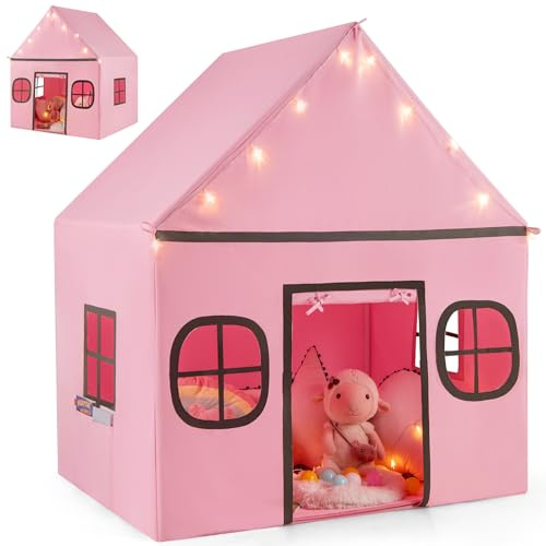 HOMASIS Tienda de Campaña Infantil con Luces de Estrellas y Alfombra Acolchada, Tipi para Niños con 4 Ventanas y Cortina 3+ Años (Rosa + Gris)