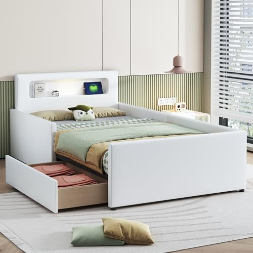 Merax Polsterbett Kinderbett 90x200 cm, mit Nachtlicht, USB-Ladeanschluss, Ablagefächern, Erhöhten Seitenteilen, Sicher & Stabil, Jungen- und Mädchenbett, Einzelbett, Kunstleder, Weiß (Ohne Matratze)